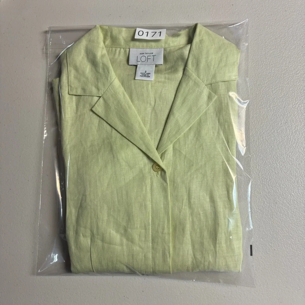 Ann Taylor Loft Womens 2 Green 100% Linen 3/4 Sleeve Button Up Shirt Blouse